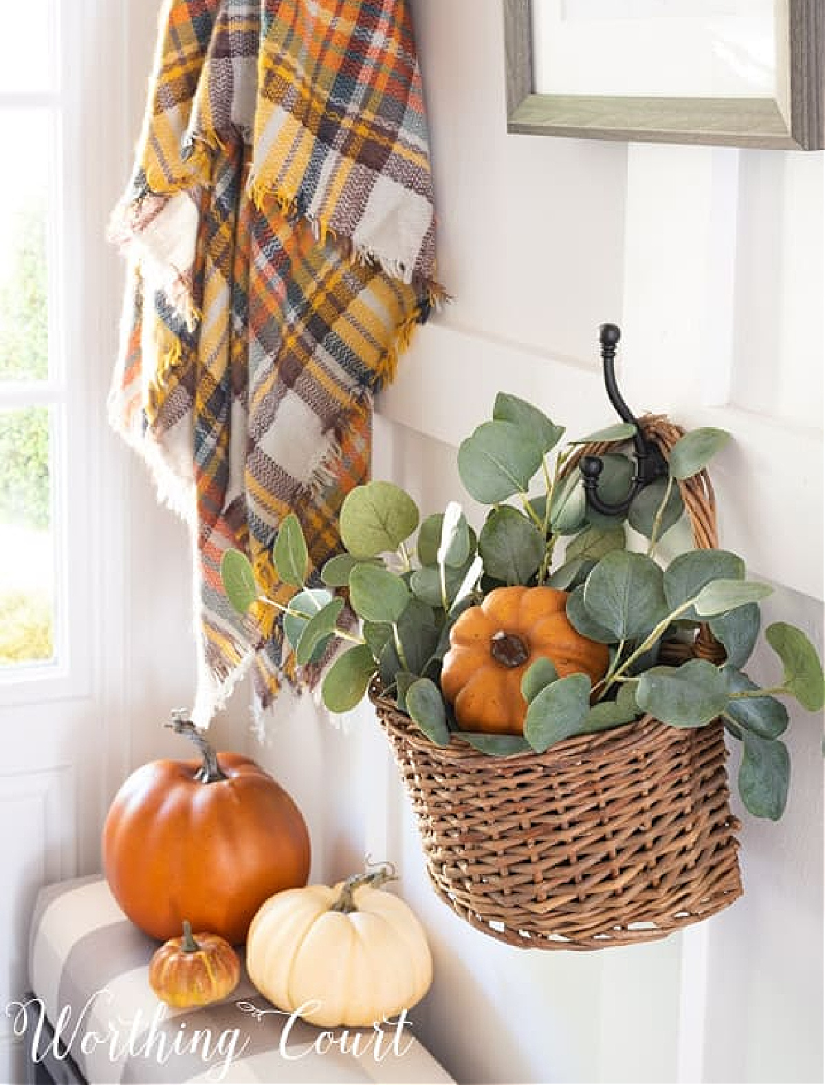 green eucalyptus stems and a pumpkin in a basket hanging on a wall beside a plaid blanket