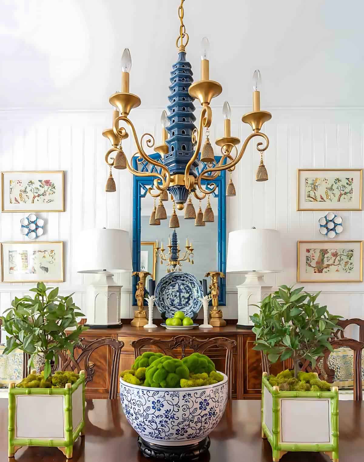 dining room with traditional brown furniture and chinoiserie accessories