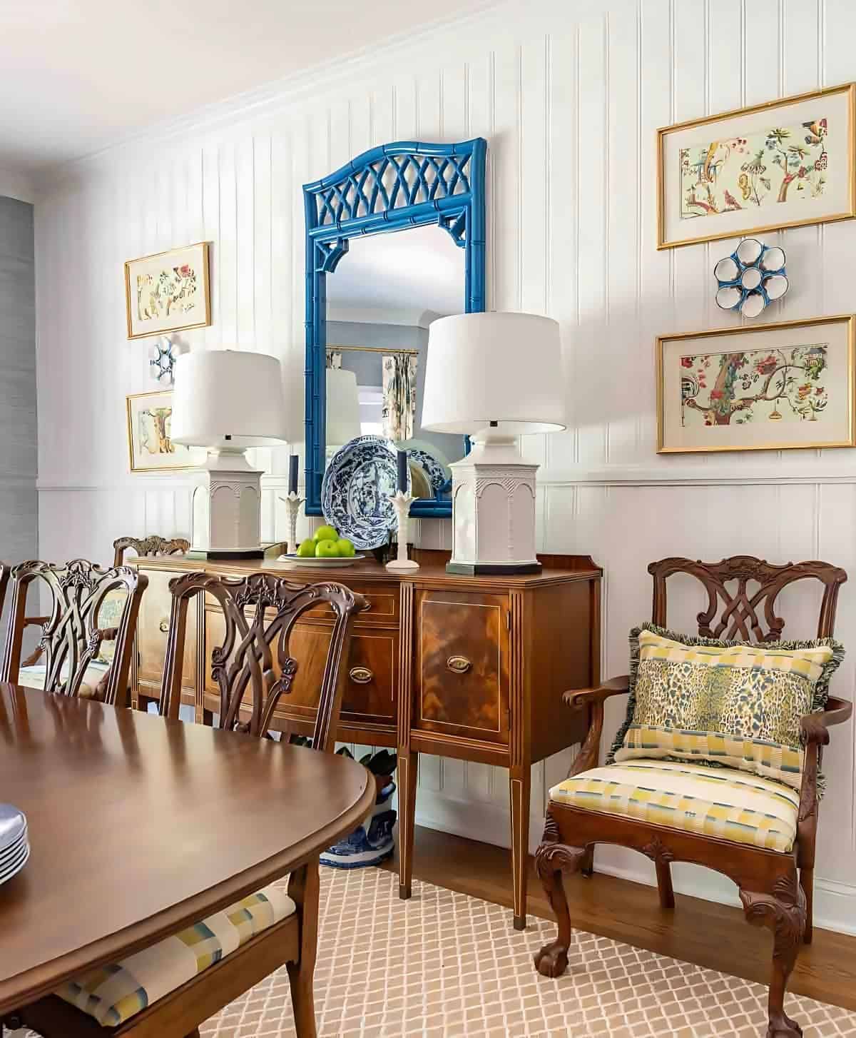 dining room with traditional brown furniture and chinoiserie accessories