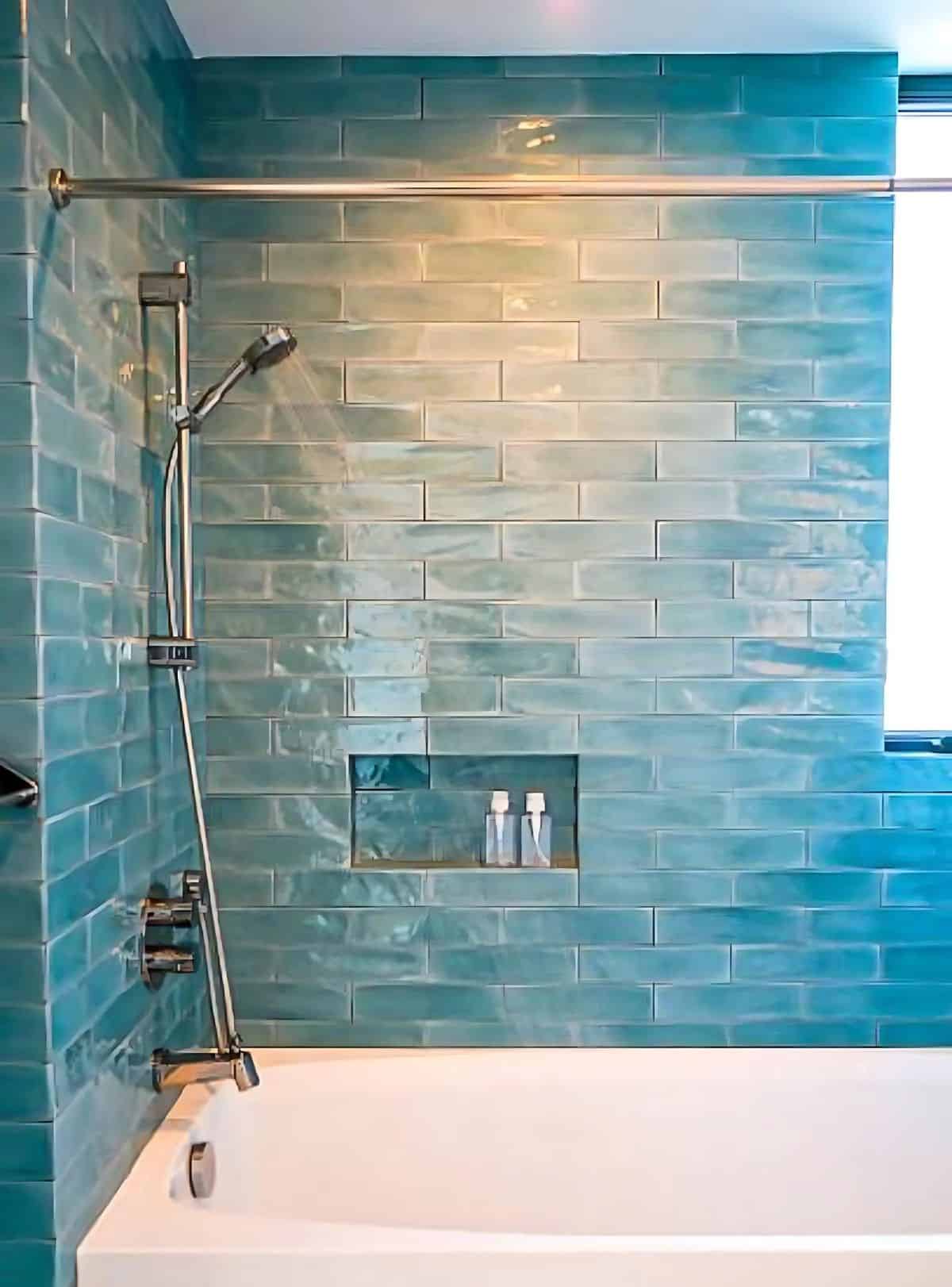 turquoise handmade tile tub surround