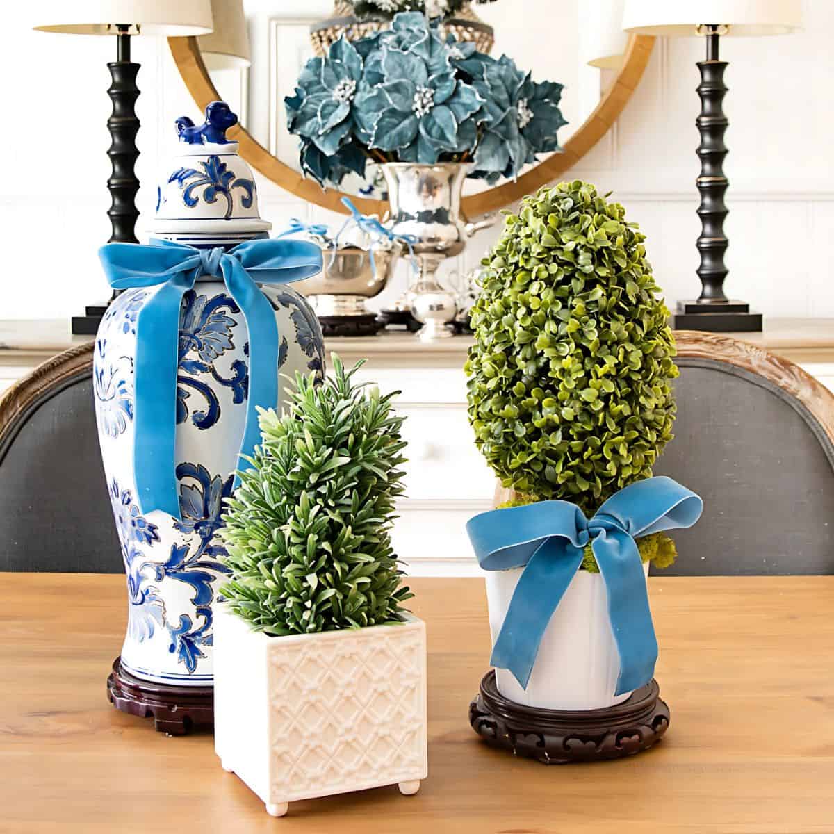 blue, white, and silver Christmas centerpiece