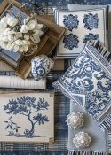 mood board flat lay for a blue and white traditional living room makeover