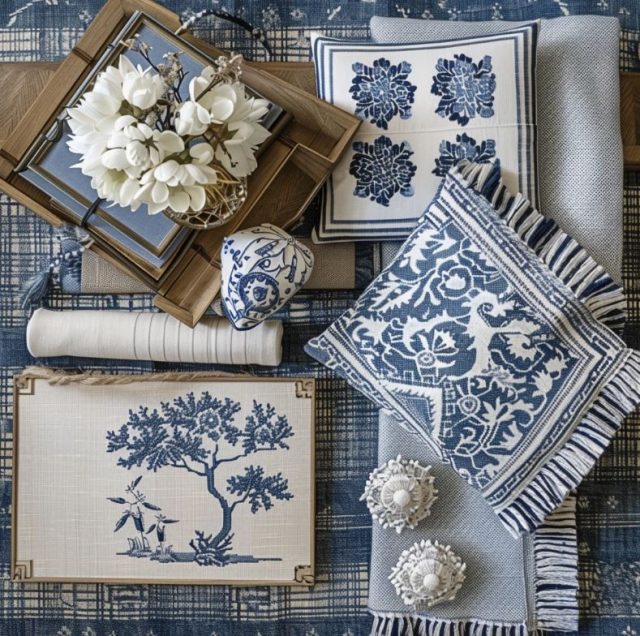 mood board flat lay for a blue and white traditional living room makeover