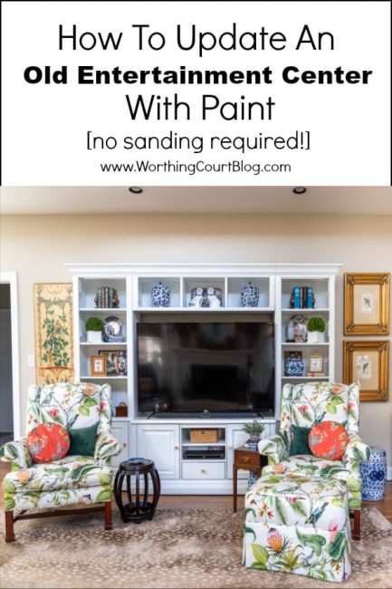 Pinterest graphic for how to give an old entertainment center an update