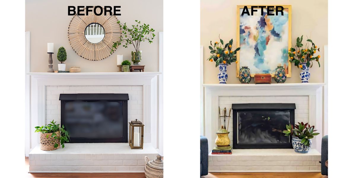 graphic with before and after fireplace makeover
