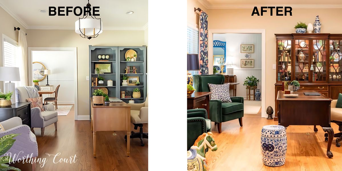 graphic with before and after home office makeover