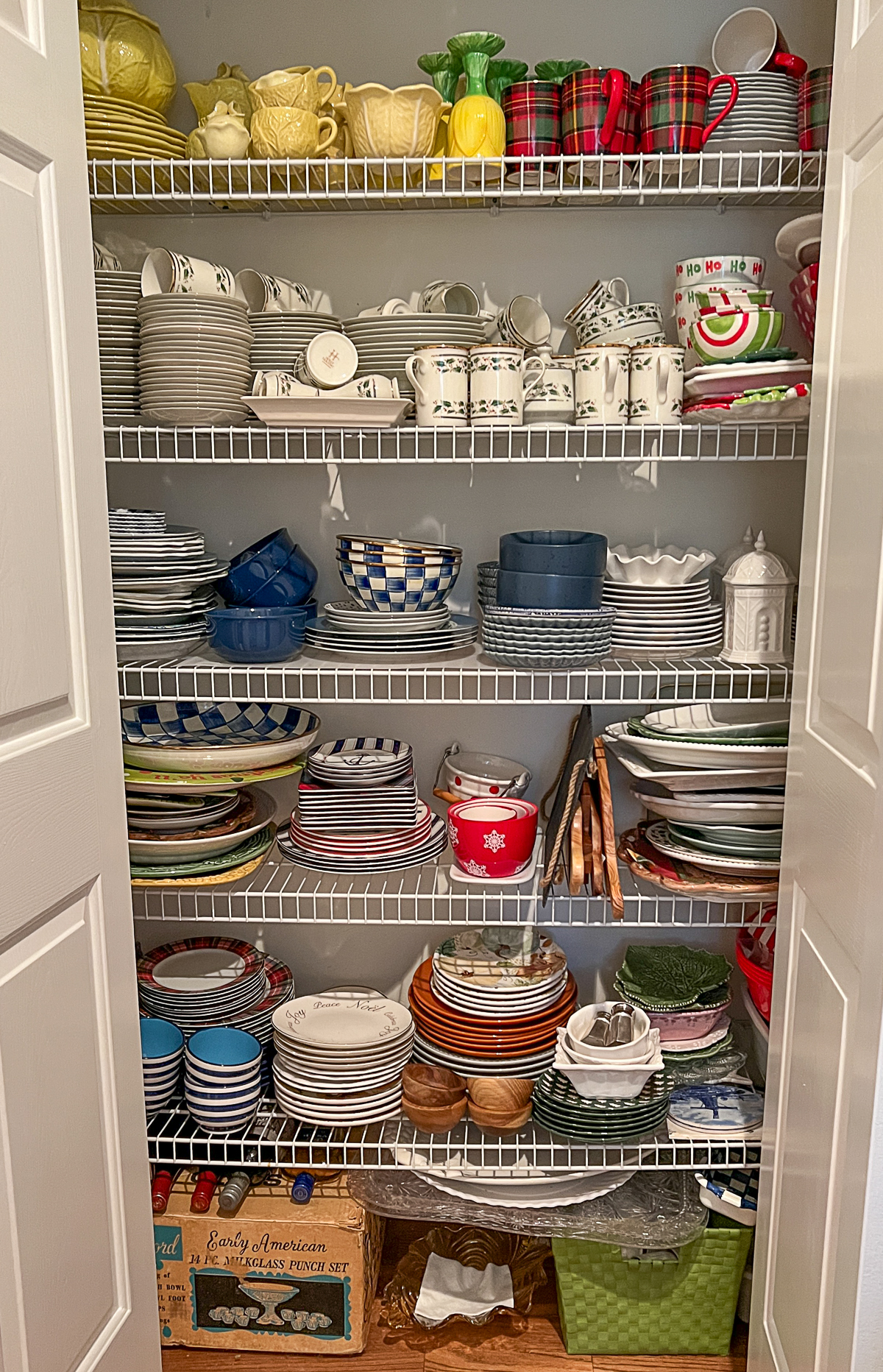 dish closet filled with various dishes on wire shelves