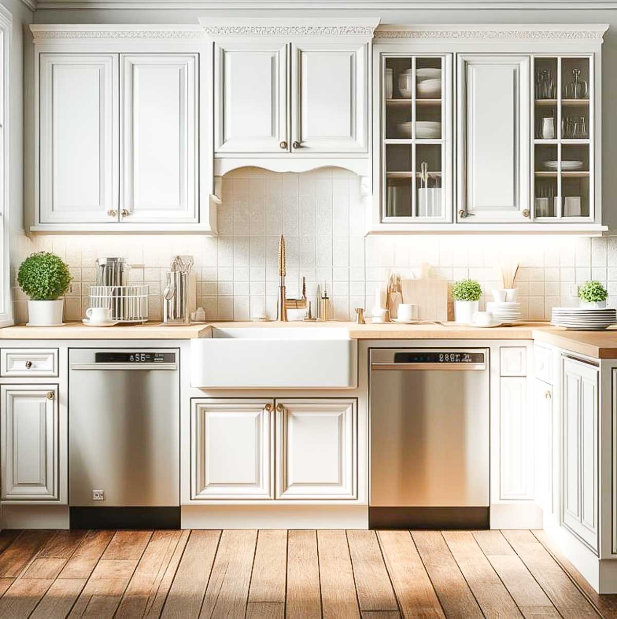 a stainless steel dishwasher on each side of a farmhouse sink in a kitchen with white cabinets and hardwood floors.