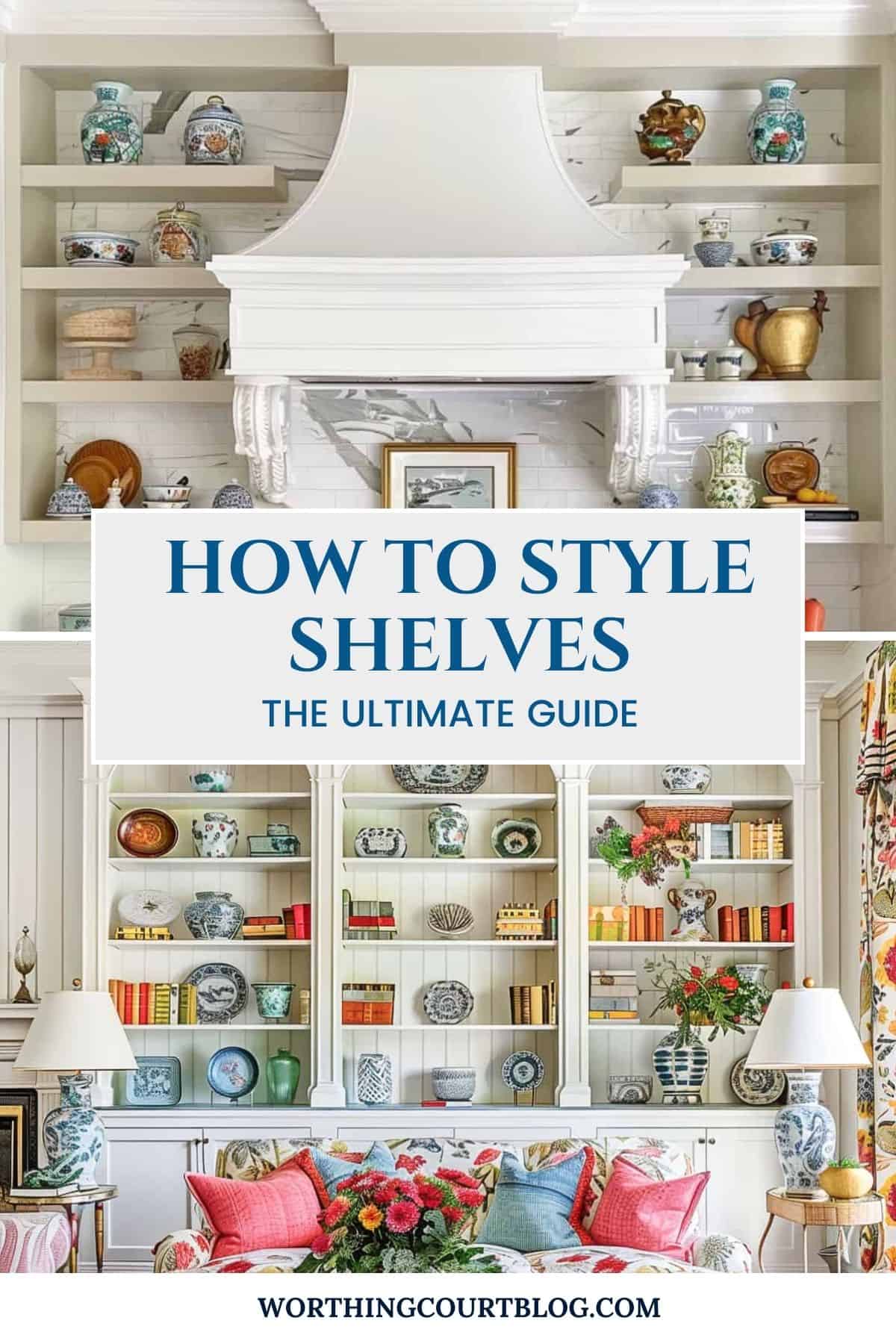 Pinterest graphic for how to decorate and style shelf decor