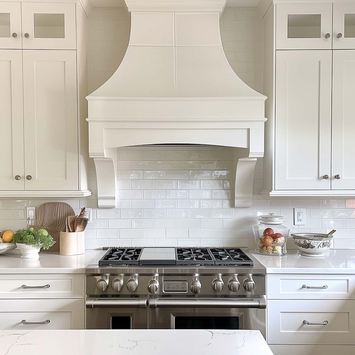 white hood above a stove in a kitchen with white cabinets