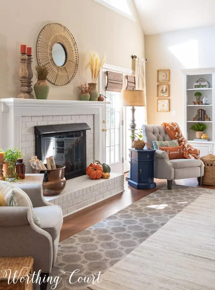 family room with neutral furniture decorated for fall