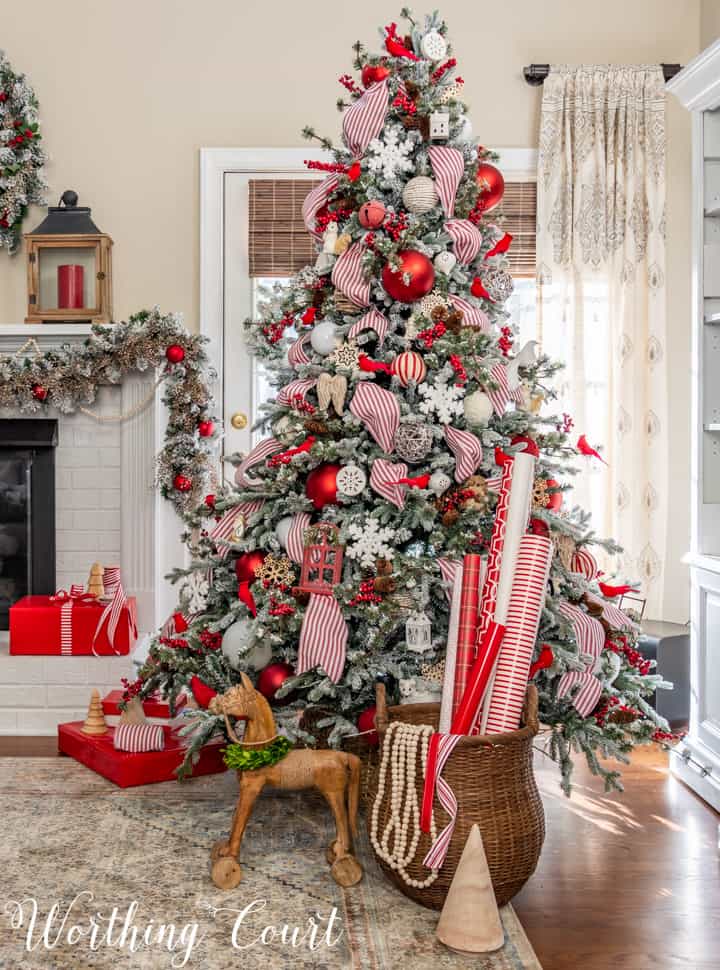 Decorating a Flocked Christmas Tree in Red and White and Creating