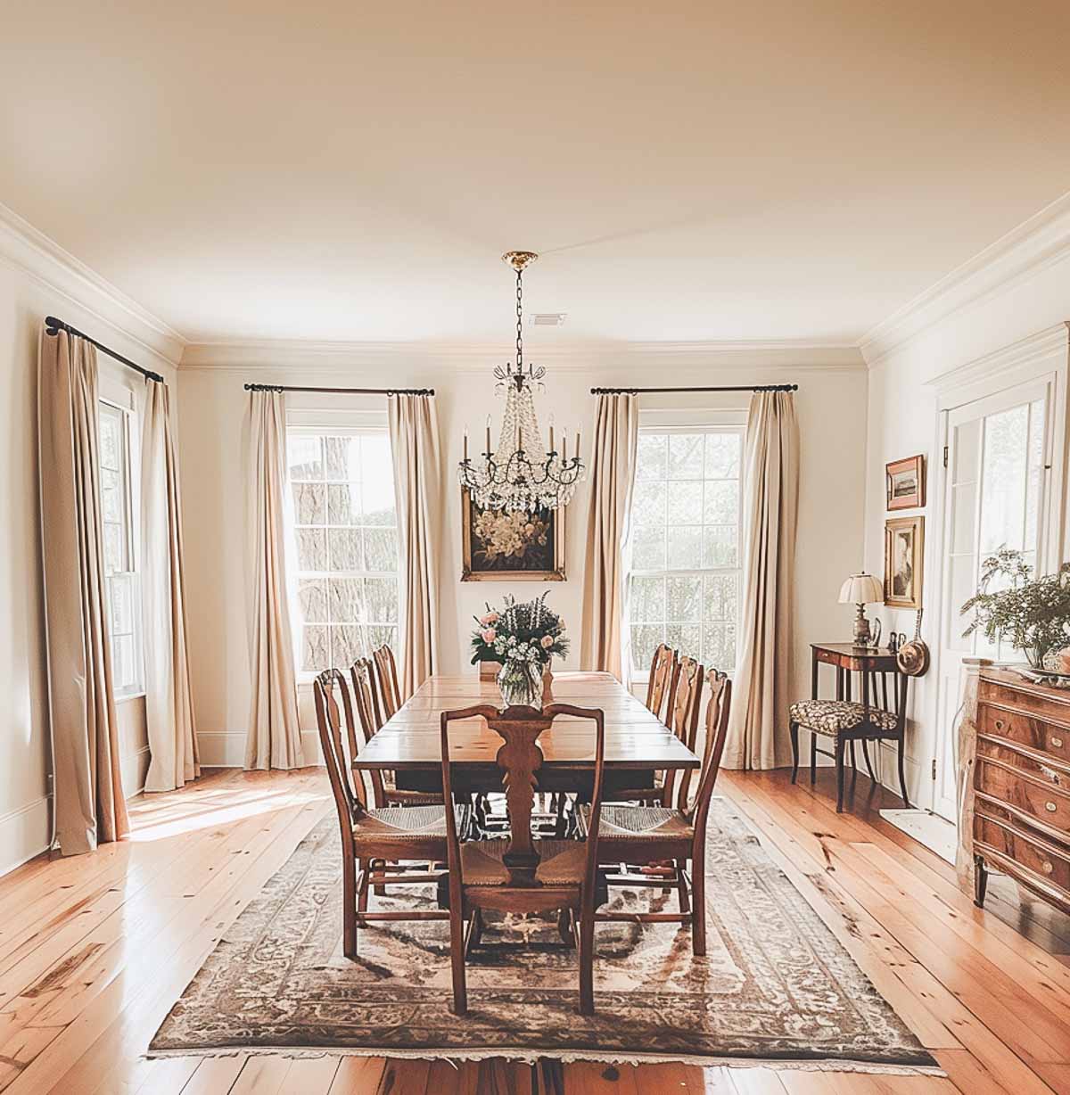 dining room with pine floors, wood table and neutral draperies
