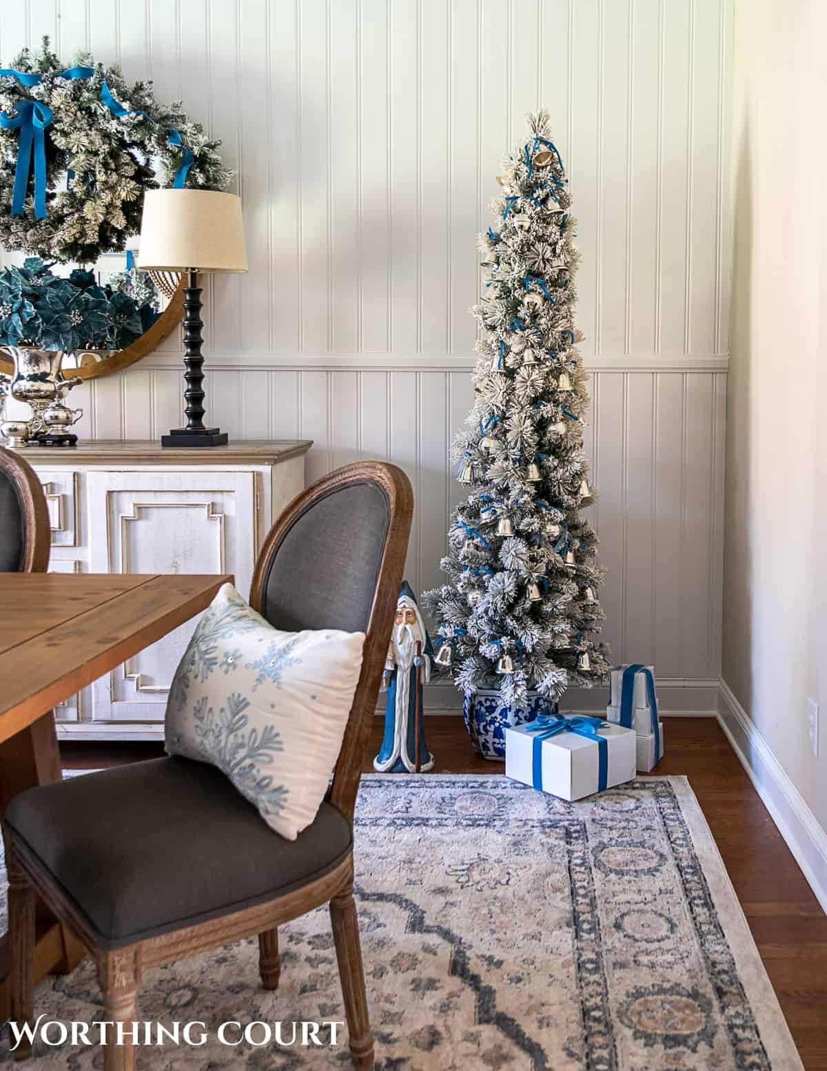 Elegant French Blue And Silver Dining Room Christmas Decor