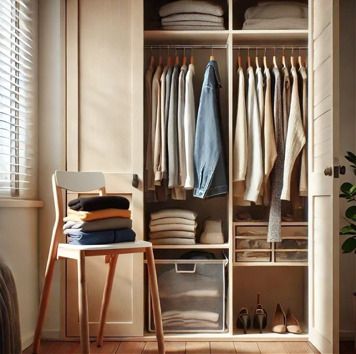 small clothing closet filled with clothes and a closet organizer