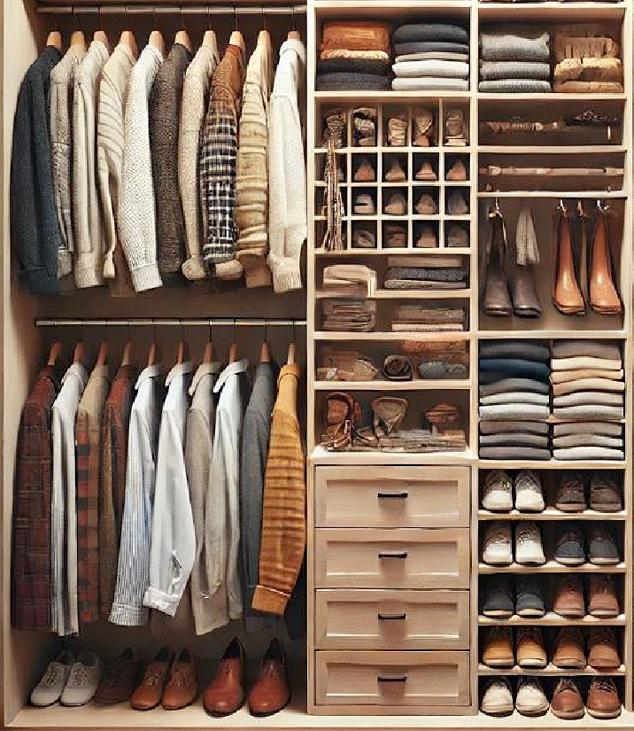 a small closet with an organizer filled with mens shirts and shoes
