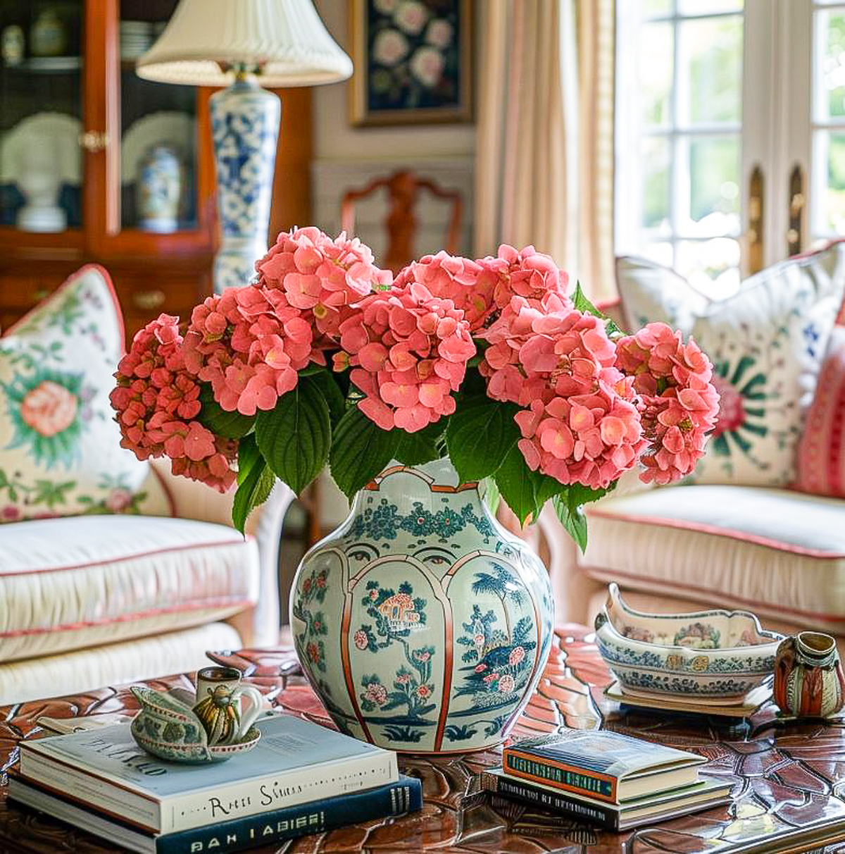 pink hydrangeas in a colorful chinoiserie vase on a coffee table in a living room
