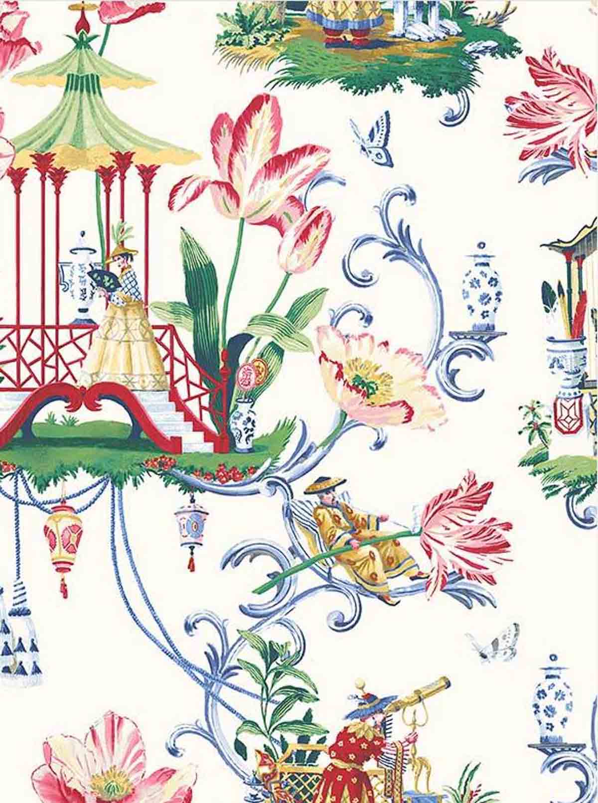 image of multi colored wallpaper with a chinoiserie print