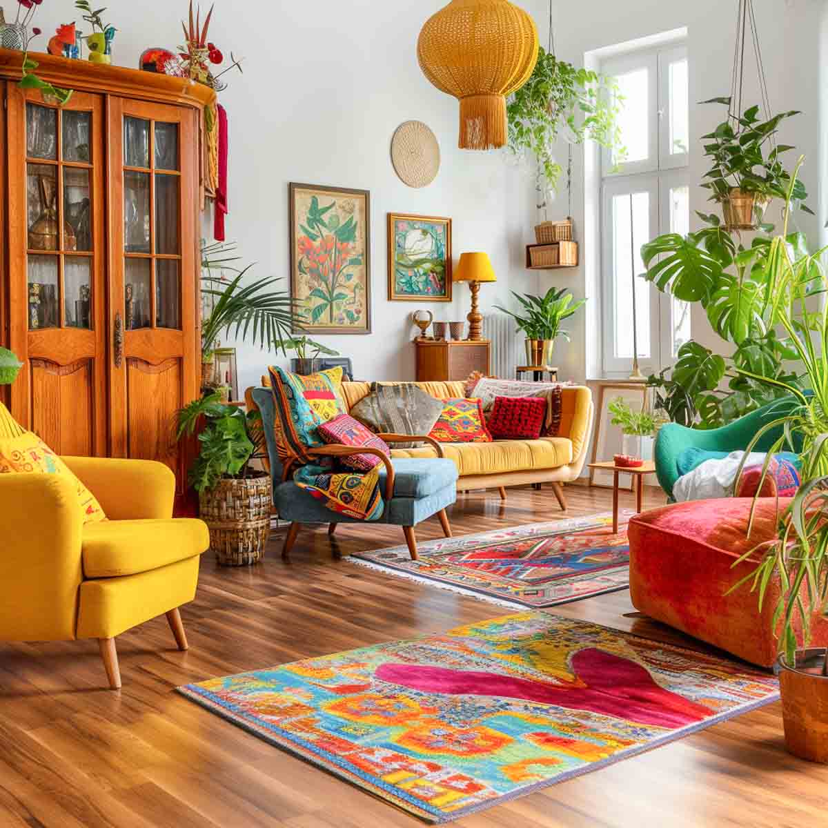 a boho decorating style living room filled with colorful rugs, furnishings and accessories