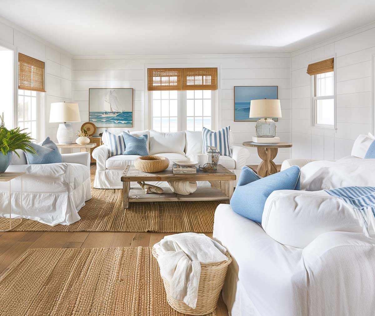 coastal style living room with white slipcovered sofas, two natural fiber rugs and accessories in soft blues