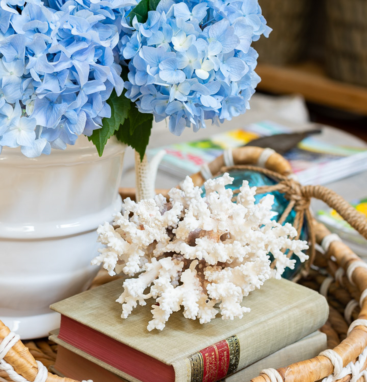a piece of white coral on top of a stack of books beside a white vase filled with blue hydrangeas