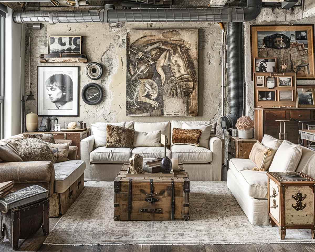 living room with three neutral sofas and industrial style accessories and artwork