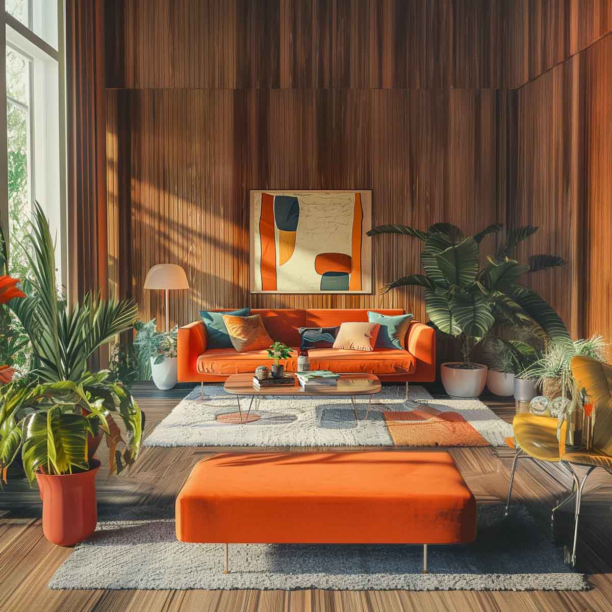 a mid century modern living room with a wood paneled wall behind an orange sofa and mid century accessories
