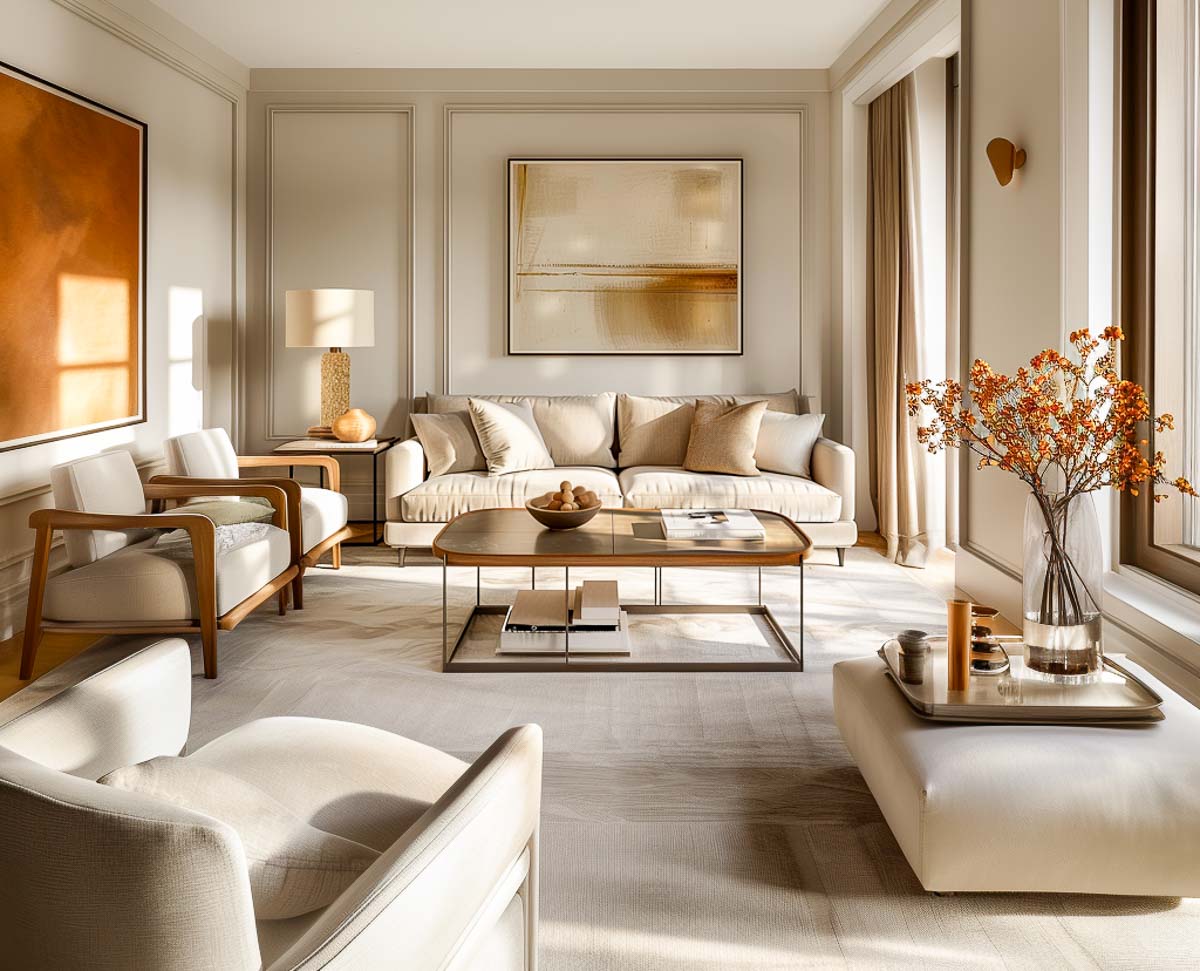 a modern living room furnished with neutral colors, art and accessories