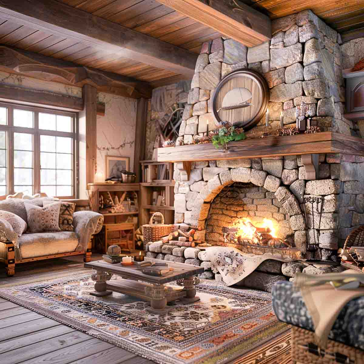 rustic style living room with a large rock fireplace and casual furnishings