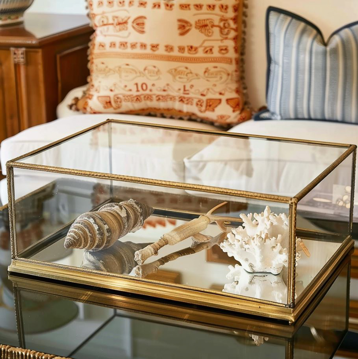 a display of three seashells in a lidded glass display box on a coffee table