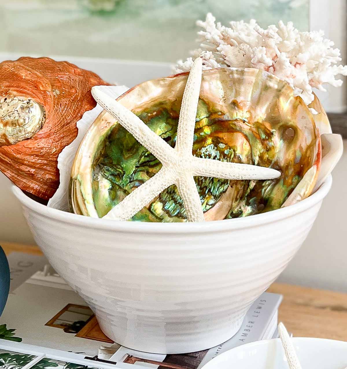 white serving bowl filled with an assortment of large seashells on a stack of books