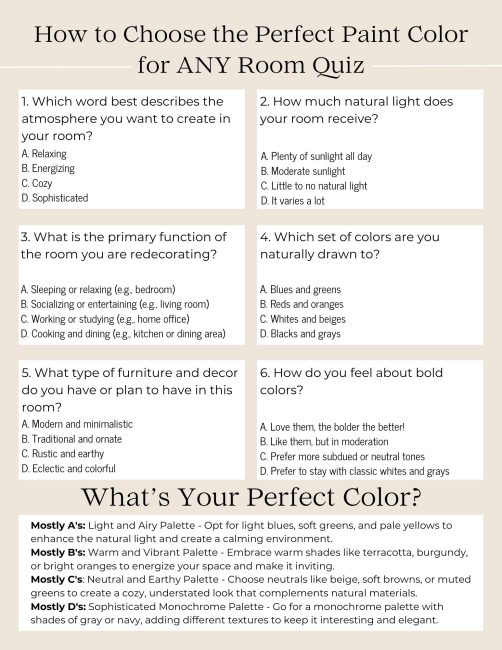 printable quiz to help you choose the best paint color for a room