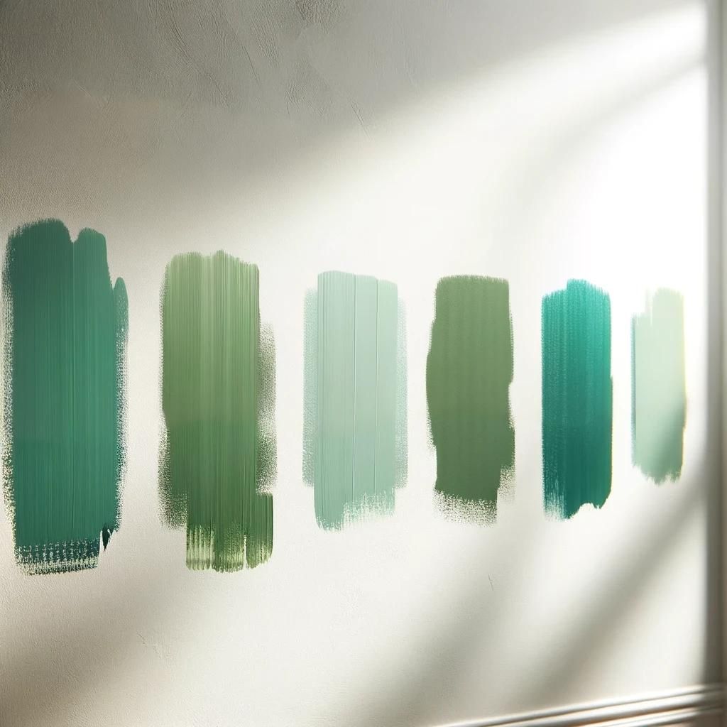 5 different shades of green wall painted painted on a wall in small swatches