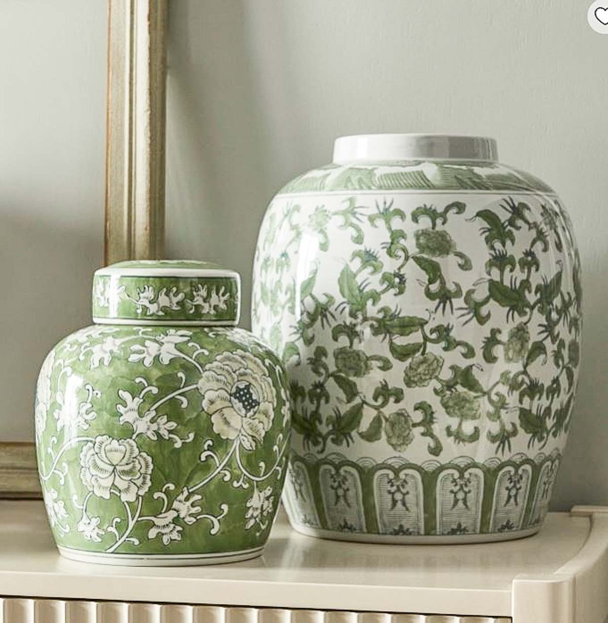 pair of green and white chinoiserie ginger jars