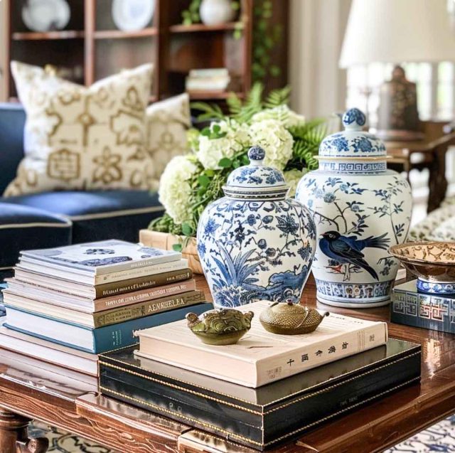 coffee table vignette with stacks of coffee table books and blue and white ginger jars