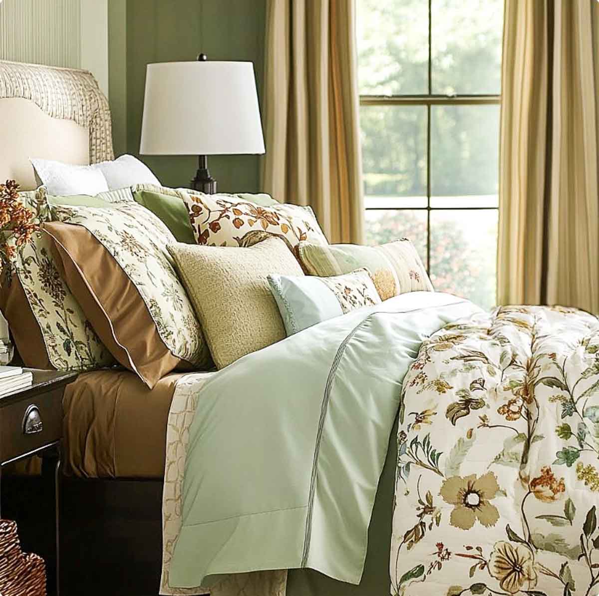 partial view of a bed made with linens that have both summer and fall colors in them