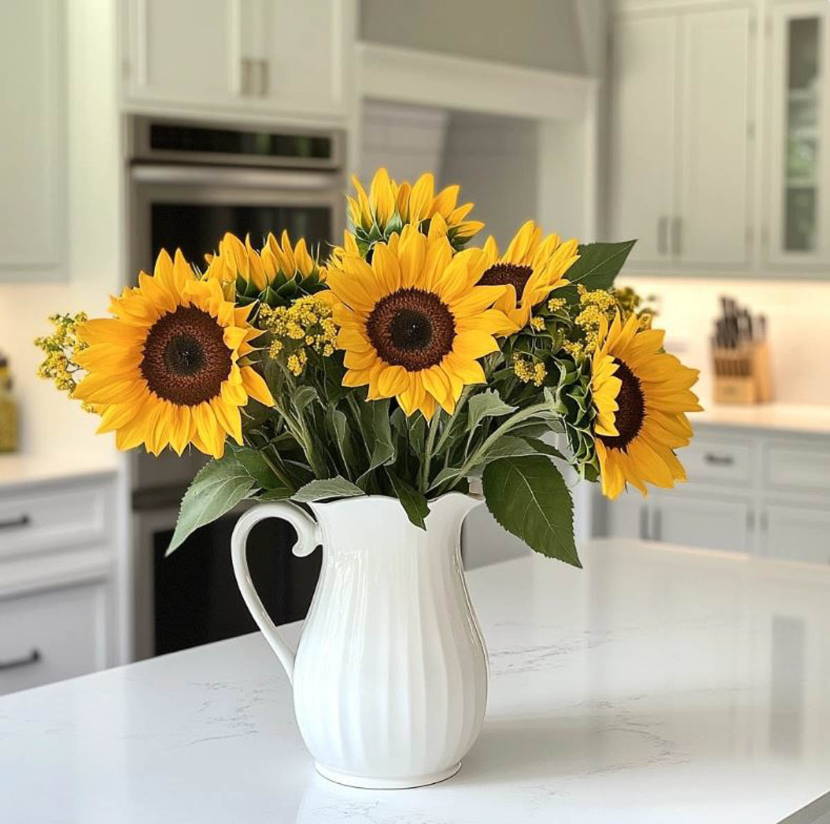 an arrangement of late summer sunflowers in a white pitchen on a kitchen counter