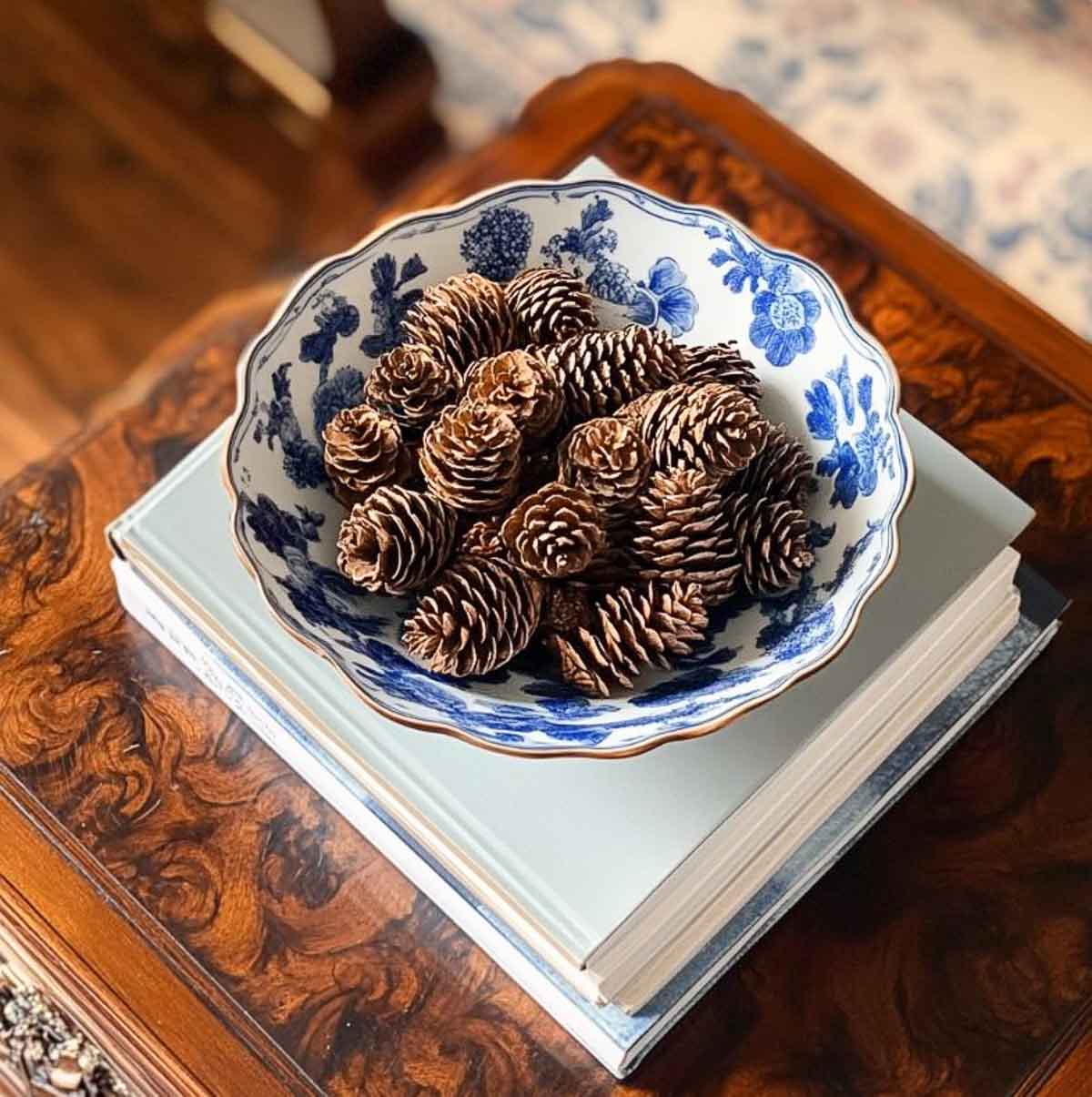 August decorating idea using a blue and white chinoiserie bowl filled with pinecones on top of a stack of books