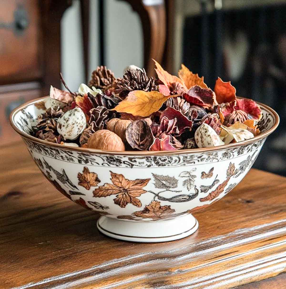 fall potpourri in a blue and white chinoiserie bowl for late summer decorating