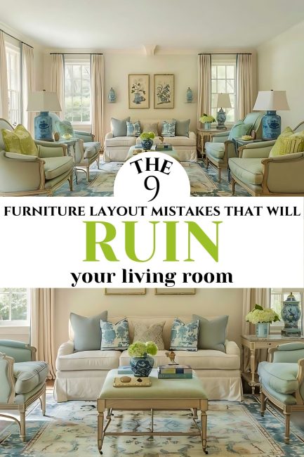 Pinterest graphic for the 9 furniture layout mistakes that will ruin your living room