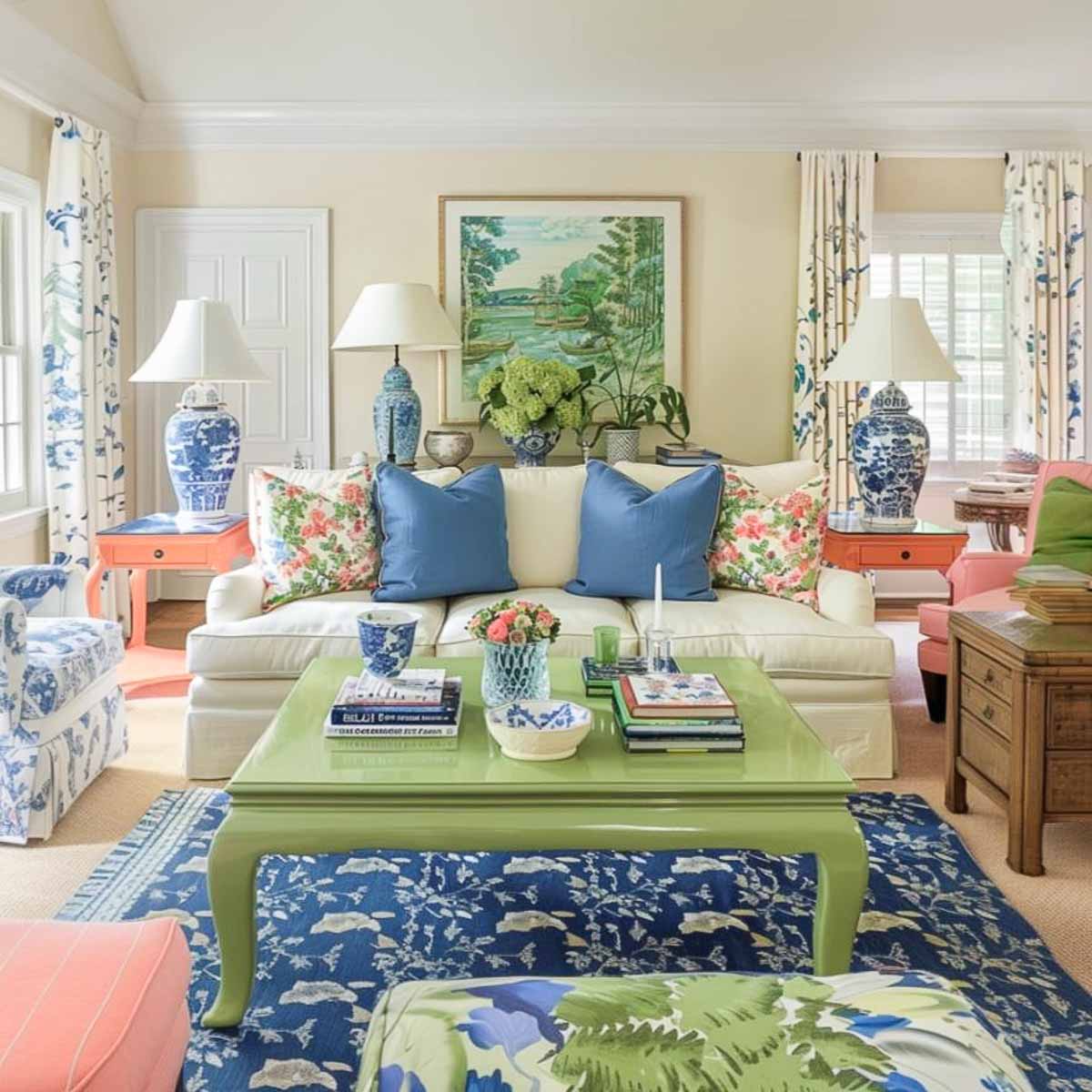 a traditionally furnished living room with a color palette of blue and white with coral accents