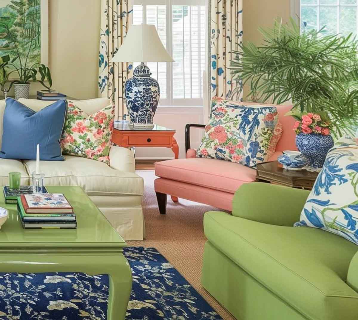 a traditionally furnished living room with a color palette of blue and white with coral accents