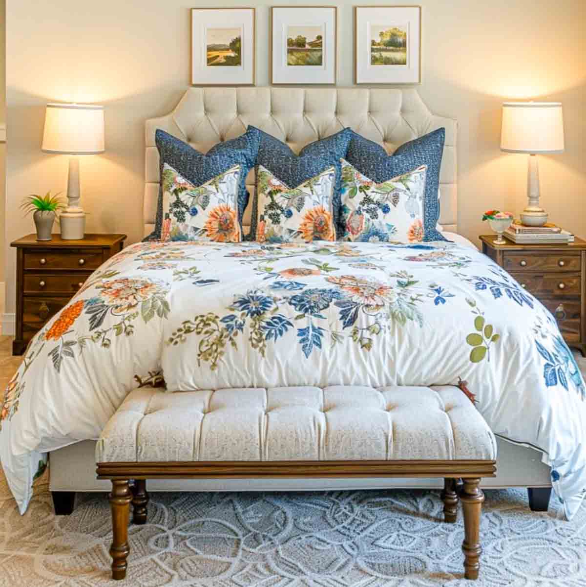 bed in a bedroom flanked by wood nightstands. the bed has a cream upholstered headboard and the bedding is white with a blue and coral floral print. a bench is at the bottom of the bed.
