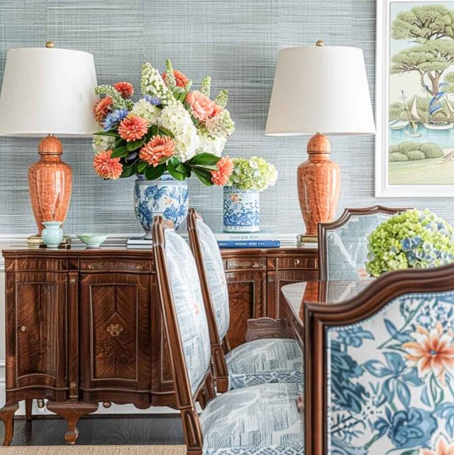 dining room with blue grasscloth wallpaper, coral lamps on a brown wood sideboard