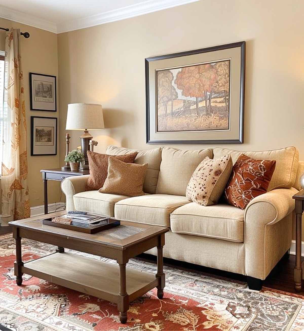 living room with beige walls, a beige sofa and decor in tones of brick red and pale yellow