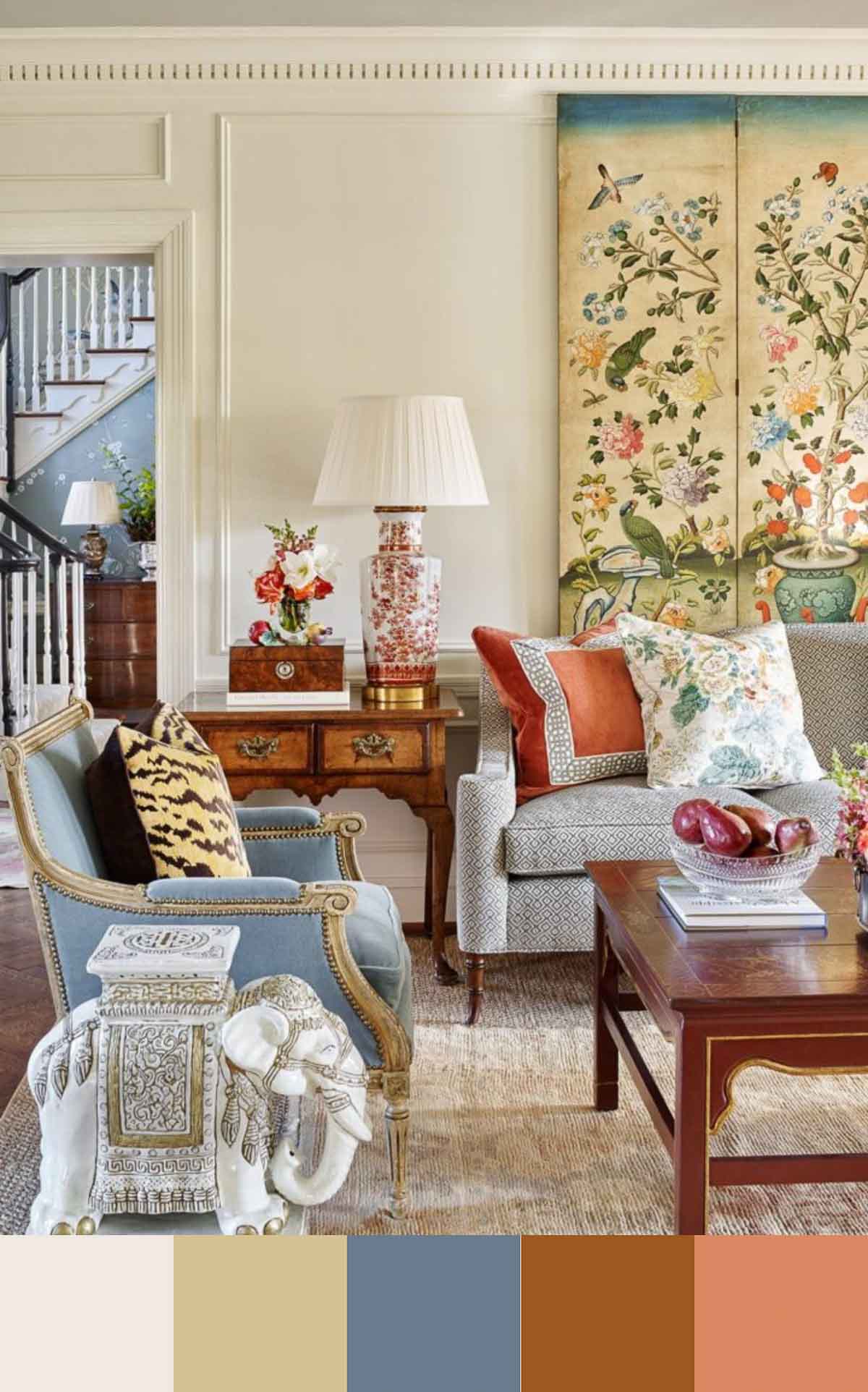 partial view of a traditionally decorated living room showing the color scheme used in it