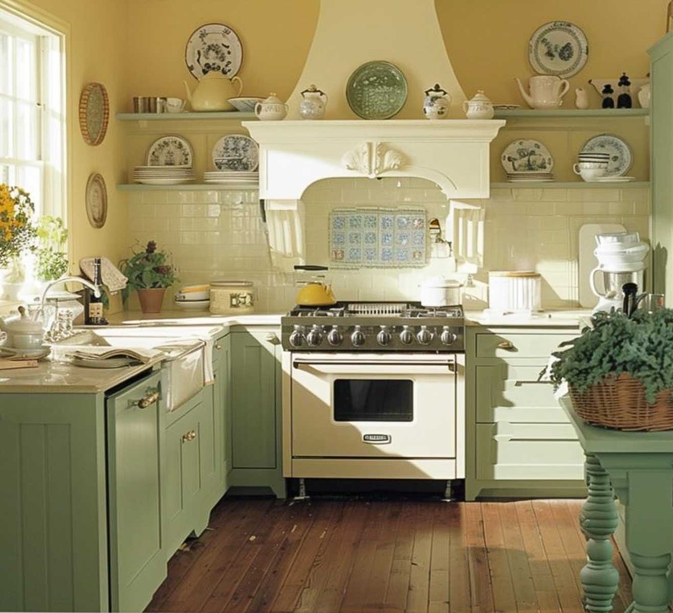 cottage style kitchen with pale yellow walls, sage green cabinets and white subway tile backsplash