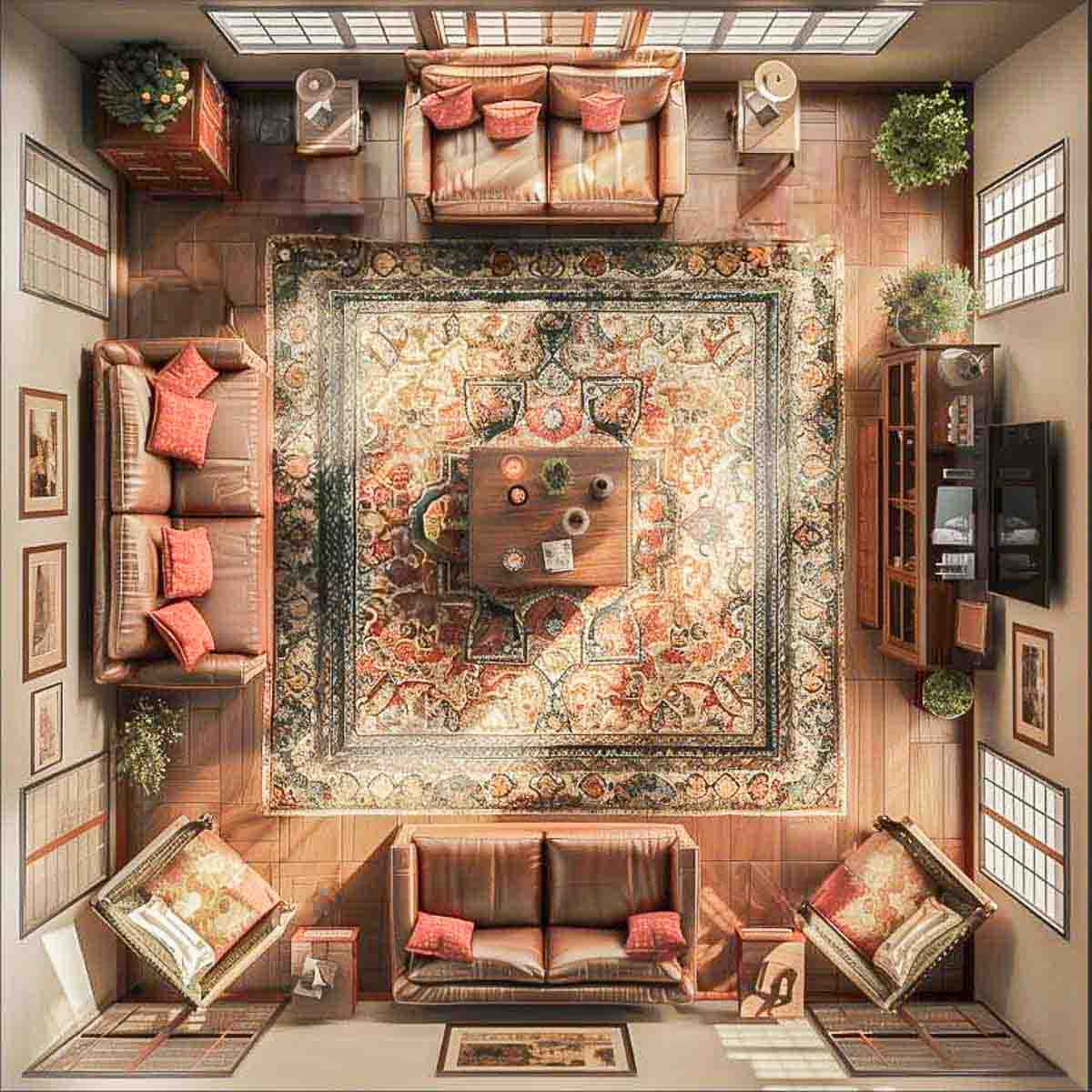 graphic image depicting an overhead view of a living room furniture arrangement