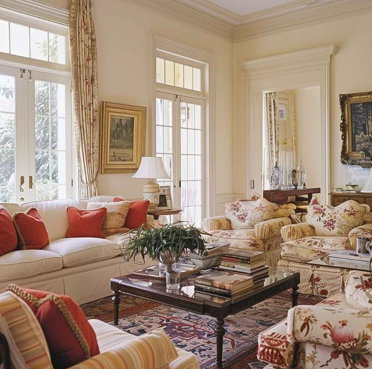 diagonal view of a living room with southern traditional style furniture and accessories in creams and rust colors