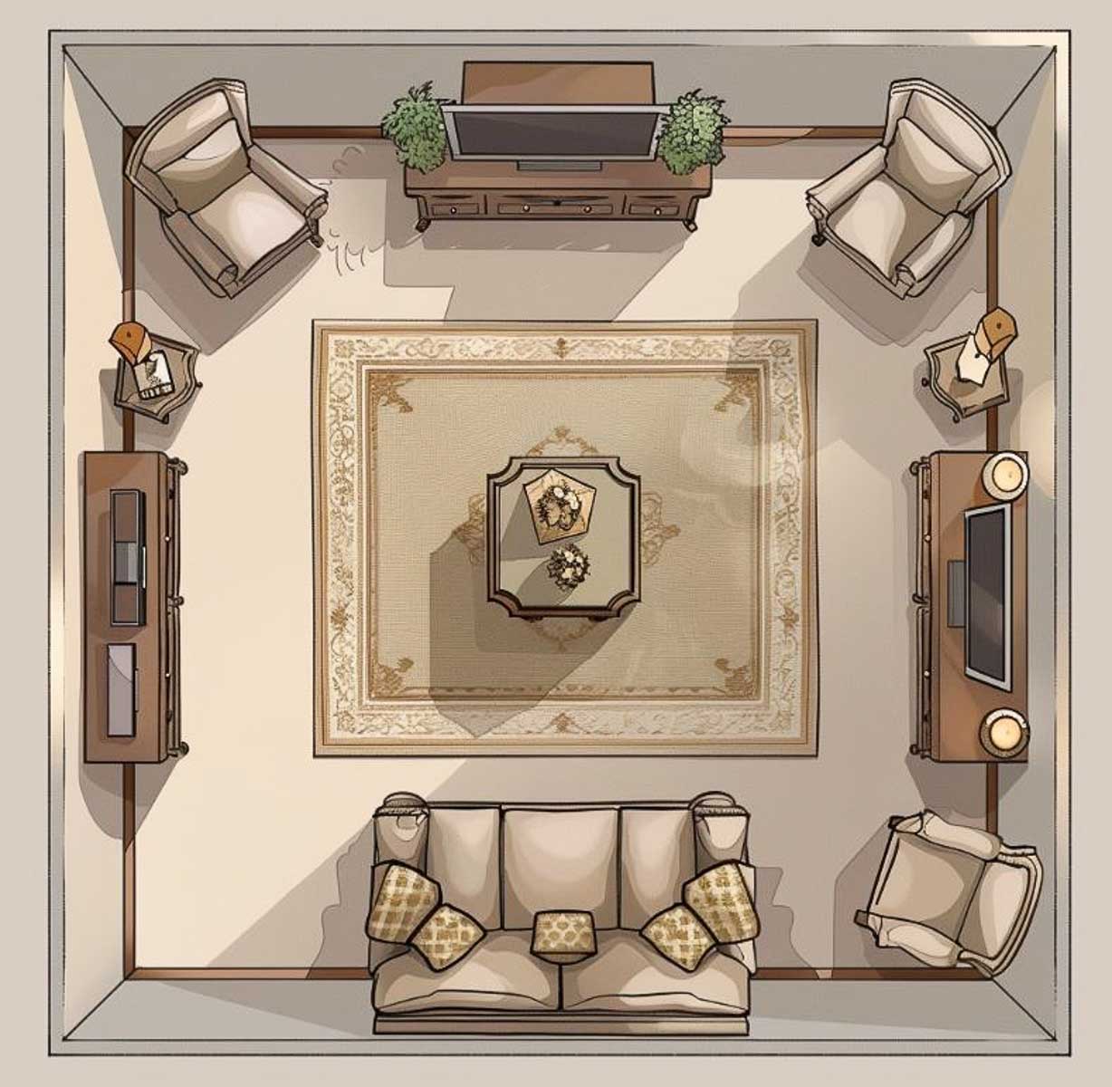 graphic image depicting an overhead view of a living room furniture arrangement